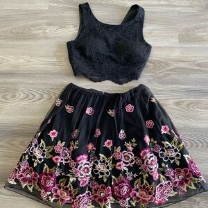 2 Piece Black & Pink Floral Homecoming Dress
